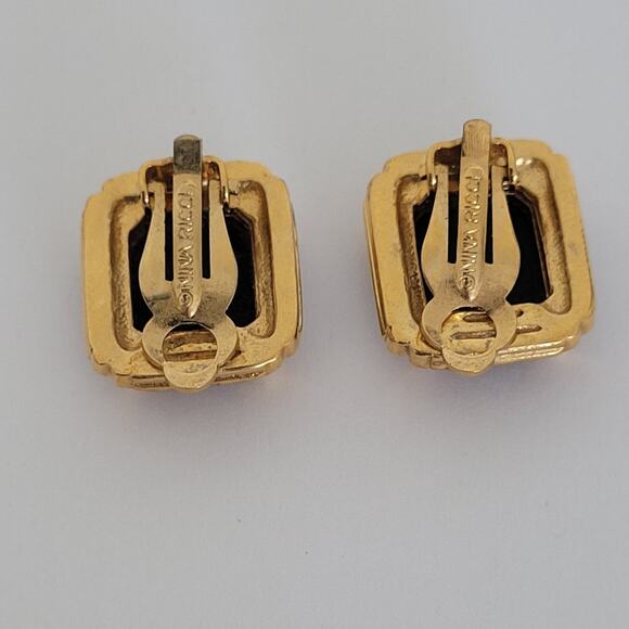 Nina Ricci Black Rectangle Onyx Clear Rhinestone Gold Tone Clip On Earrings - Picture 2 of 8
